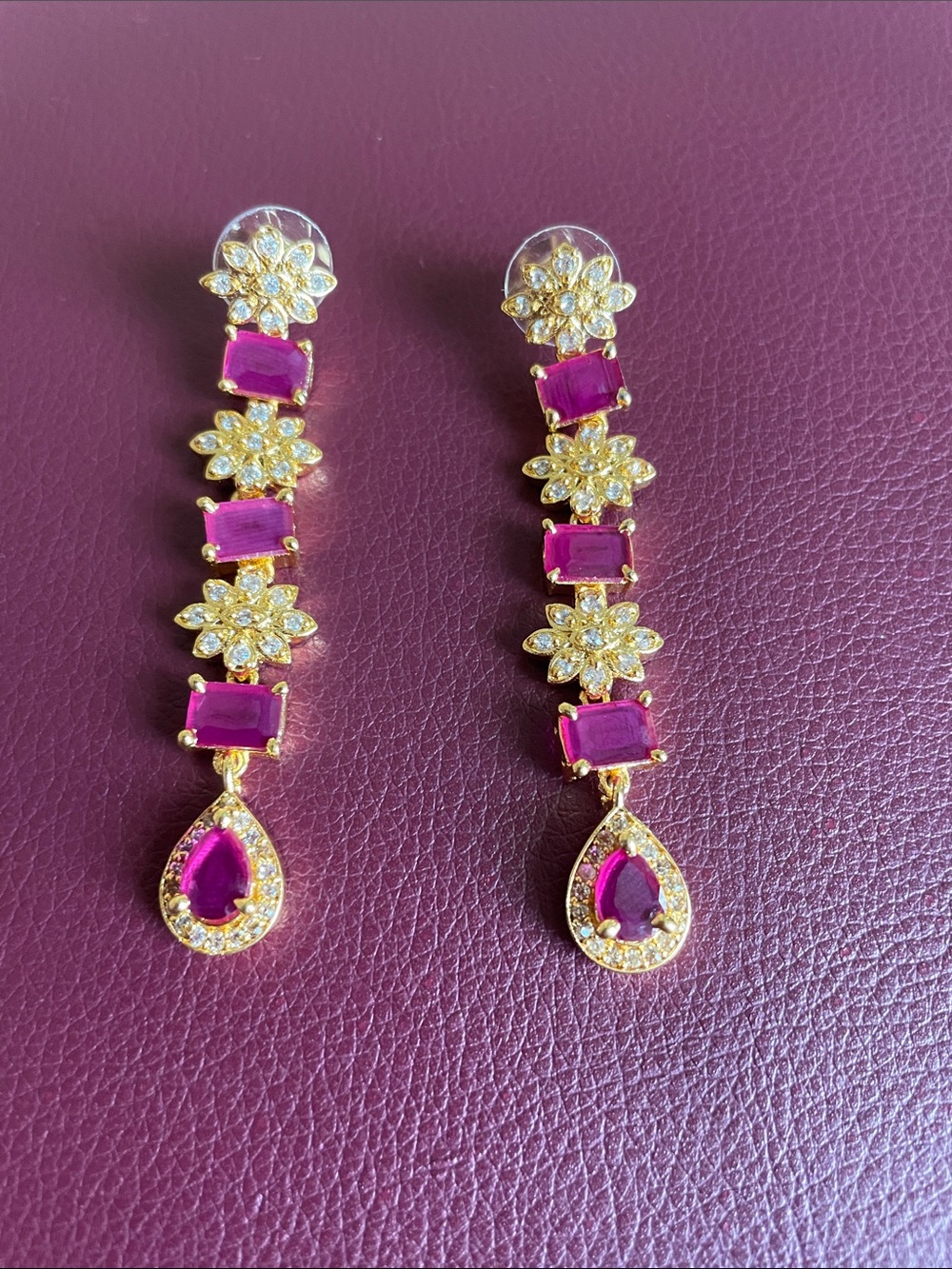 Gold Floral Drop Earrings with Fuchsia Stones